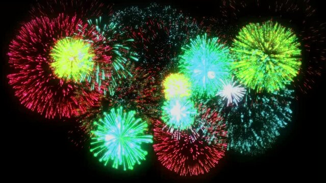 Animation green and red firework on background.