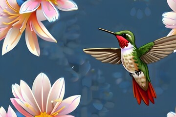 hummingbird flying with flowers background Generative AI