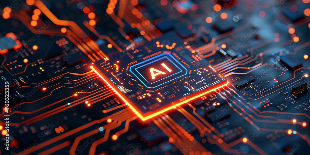 Poster a computer motherboard with a state-of-the-art ai processor. ai generative.