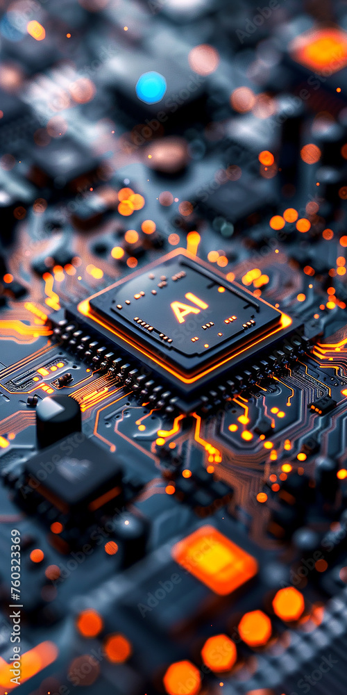 Poster a computer motherboard with a state-of-the-art ai processor. ai generative.