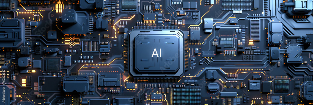 Poster a computer motherboard with a state-of-the-art ai processor. ai generative.