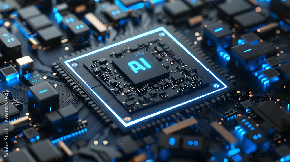 Fototapete A computer motherboard with a state-of-the-art AI processor. AI generative.