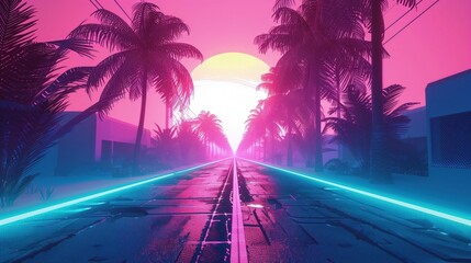 Retro ulica z palmami i różowym niebem, otoczona liniami z niebieskim neonem. W tle abstrakcyjnie duże słońce.