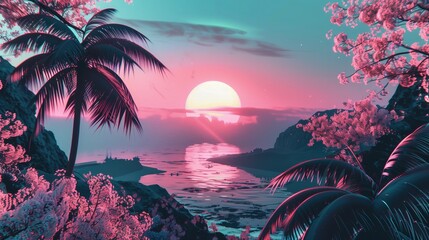 W zachodzącym słońcu widzimy palmowe drzewa nad spokojną taflą wody. Krajobraz ten emanuje spokojem i relaksem, tworząc magiczną atmosferę lata. - obrazy, fototapety, plakaty