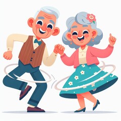 Fun playful elderly couple dancing and enjoying activity together. Flat style