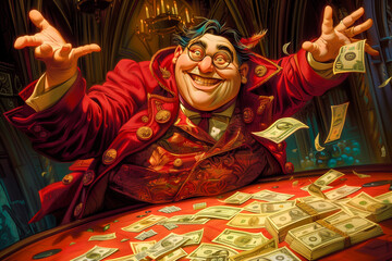 Obraz na płótnie Canvas Cheerful man in a luxurious red coat joyfully throwing money at a table full of cash