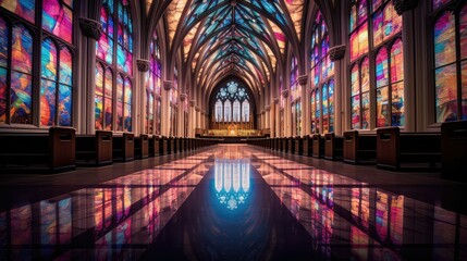 stained cathedral church building illustration glass nave, altar vault, organ choir stained cathedral church building - obrazy, fototapety, plakaty