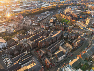 Aerial view of Wigan town centre with important buildings visible