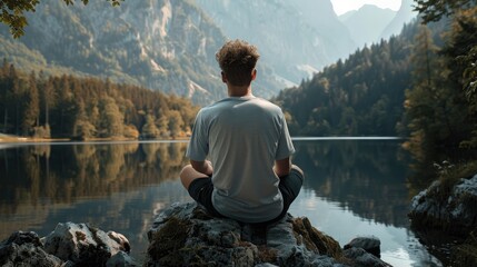 A person in meditation pose by a misty mountain lake, enveloped in the soft light of early morning.