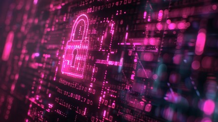 Abstract digital background with pink glowing lock symbol and binary code on dark hologram computer screen