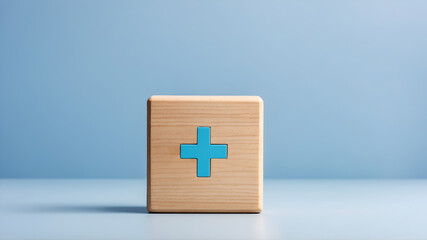 Health insurance icon on wooden block isolated on light blue background 