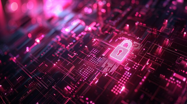 Abstract digital background with pink glowing lock symbol and binary code on dark hologram computer screen