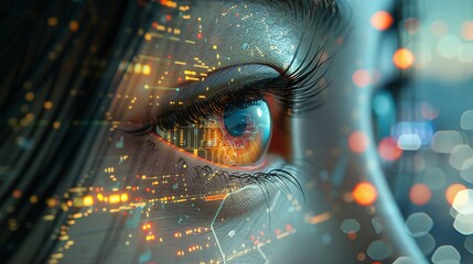 Asian woman's eye with futuristic circuitry and data