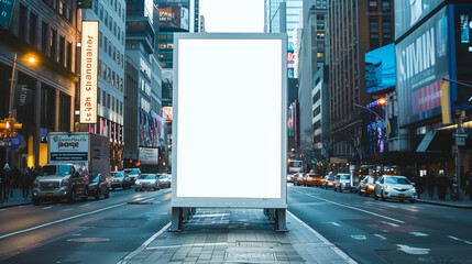 A tall, white billboard stands empty on a city street