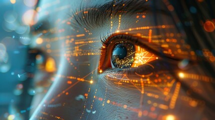 Asian woman's eye with futuristic circuitry and data