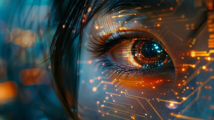 Asian woman's eye with futuristic circuitry and data