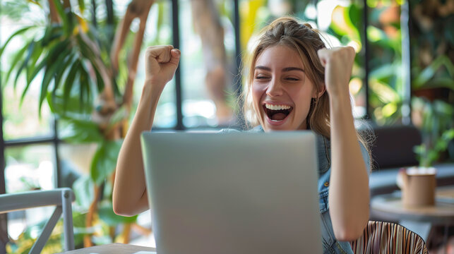 Happy excited young woman student or employee, office worker winner using laptop computer celebrating goal achievement online getting good news in email raising hands feeling euphoric