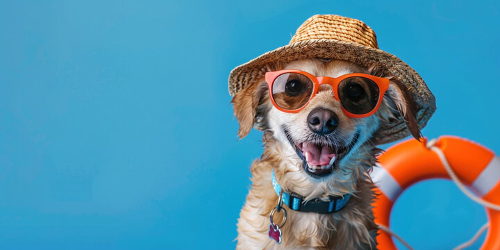 Summer holidays banner concept with copy paste place for text. Excited dog in dark sunglasses and summer hat smile look into screen on studio blue background