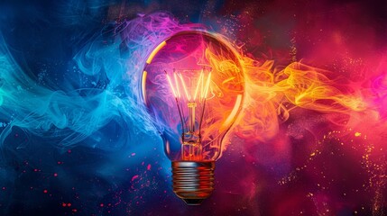 Colorful energy swirls around a vibrant light bulb