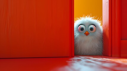 A playful 3D cartoon character illustration engaging in a game of hide-and-seek against a seamless solid background, its animated antics captured in HD brilliance