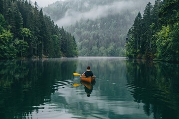 A serene kayak adventure through a misty, forest-enclosed lake.