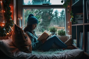 A cozy reading nook by a rainy window, with a girl engrossed in a book. - obrazy, fototapety, plakaty