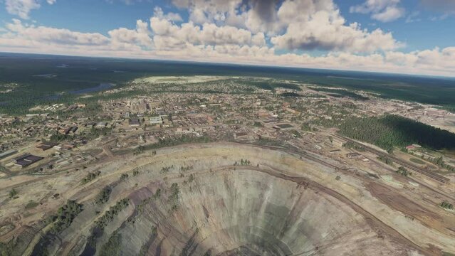 Aerial drone view of Mirny Sakha Republic in Kimberlitovaya Trubka Mir diamond mine. Siberia in Russia