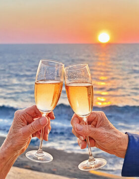 watercolor painting mondern senior couple cheers glass of champain at sunset