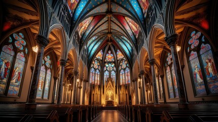 Obraz premium glass gothic church building illustration gargoyles vaults, flying buttresses, nave altar glass gothic church building