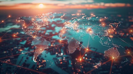 Global business connectivity showcased on world trade map with interconnected trade routes