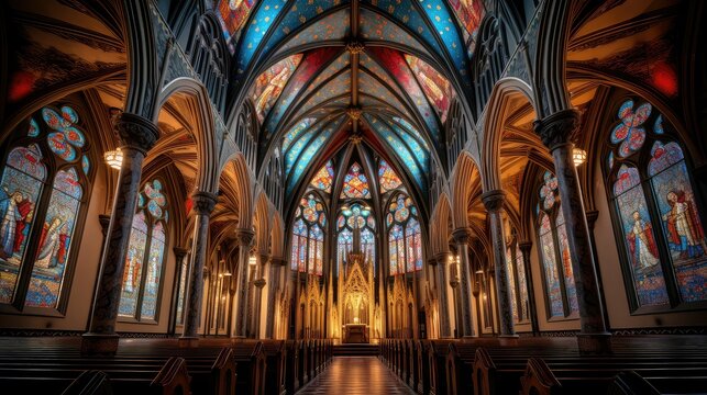 glass gothic church building illustration gargoyles vaults, flying buttresses, nave altar glass gothic church building