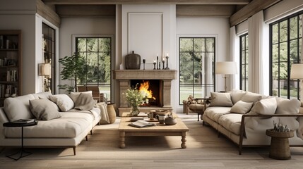 Scandinavian, french country, mid century home interior design of modern living room.
