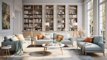 Scandinavian, french country, mid century home interior design of modern living room.