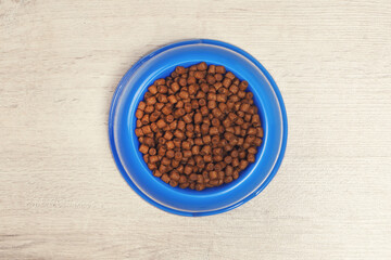 Dry pet food in bowl on the floor