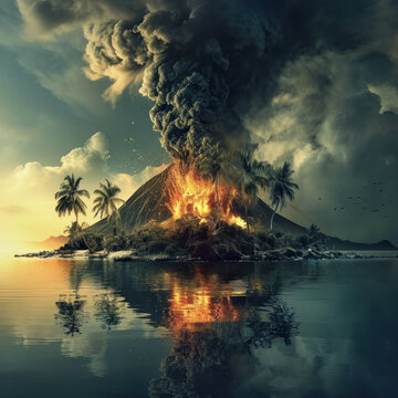 Enter a world of chaos as a massive volcano erupts on a mysterious island, captured in vignetting photography with UHD clarity. AI generative adds realism to this sketch-like image."