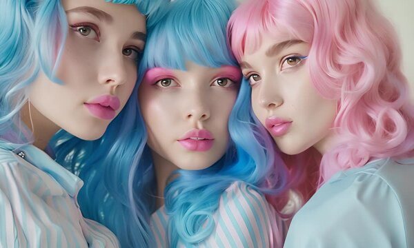 Three girls with blue and pink hair, the concept of youth culture and individuality.