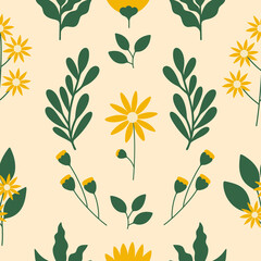 Yellow flowers seamless pattern. Hand drawn isolated wildflowers and branches arranged on beige background.Block print style floral allover illustration