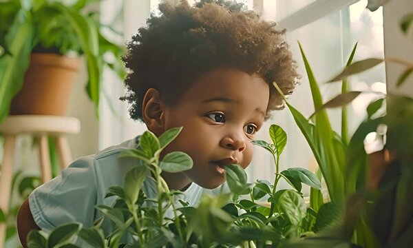 Little dark-skinned boy in white clothes admires indoor plants. The concept of childlike wonder and new discoveries.