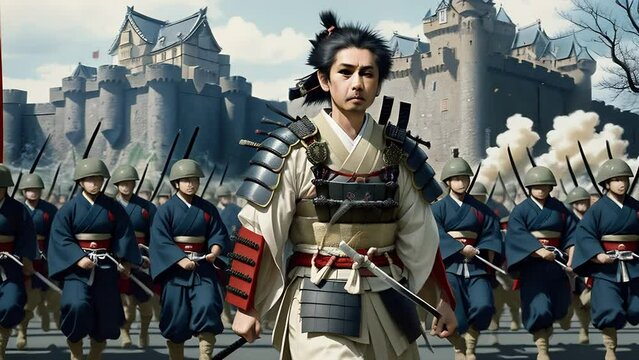 A samurai in traditional armor in front of an army and castle. 