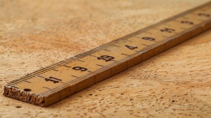 Wooden ruler on a wooden background. Close-up. Selective focus.
