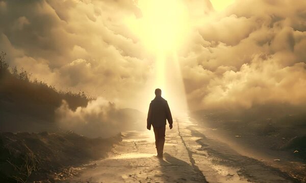 Person in a coat walking down a path towards light through the clouds. The concept of a journey and hope.