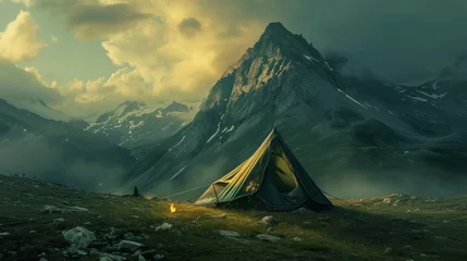 Fotobehang Capture the essence of outdoor exploration with a tent set against the majestic backdrop of towering mountains. AI generative tech enriches every detail. © น้ำฝน สามารถ
