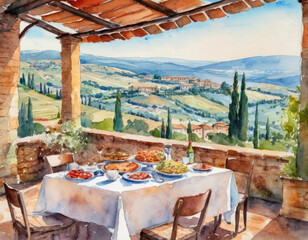 watercolor painting dinnertable full of italian food and drinks situated in a valley in the toscana . Style is animated - obrazy, fototapety, plakaty