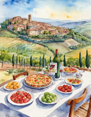 watercolor painting dinnertable full of italian food and drinks situated in a valley in the toscana . Style is animated - obrazy, fototapety, plakaty