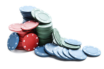 Stacks of poker chips isolated on white background - 760328390