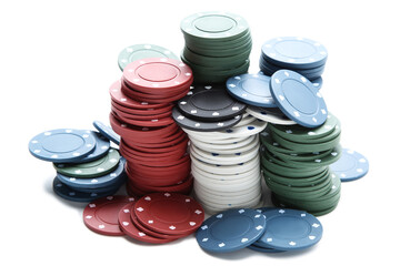 Stacks of poker chips isolated on white background - 760328392