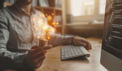 Concept of a new idea and innovation with a hand holding a light bulb icon and gears on the table