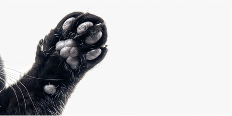 Black cat paw isolated on white studio background. Close-up feline kitten domestic animal forefoot with copy paste empty place for text