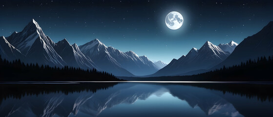 Majestic beauty of a nocturnal mountain landscape, with a shimmering river flowing smoothly and the moon casting its silvery light. - obrazy, fototapety, plakaty