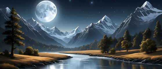 Mountainous terrain at night, a crystal-clear river meanders under the gentle glow of a full moon.